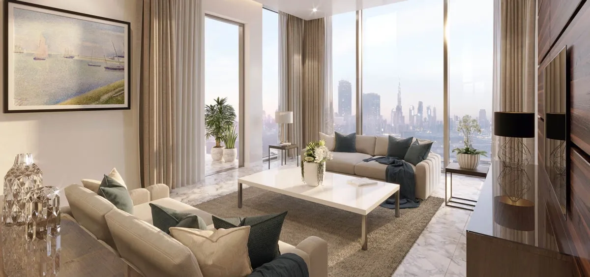 Living room with beige drapes