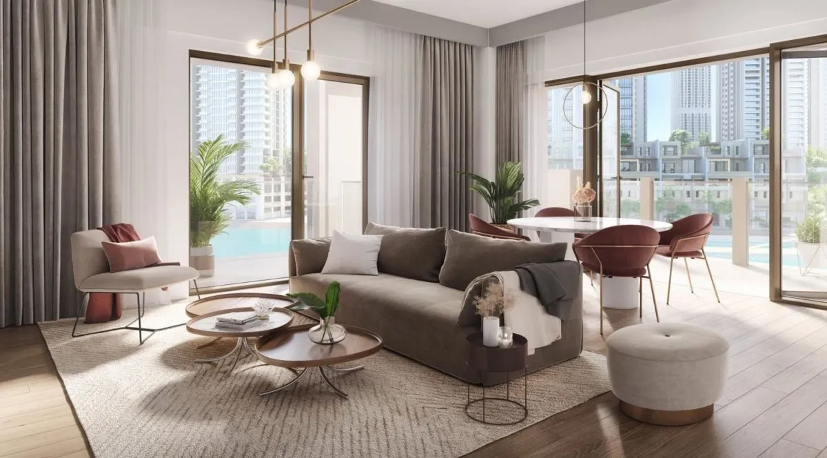 Modern living room with curtains